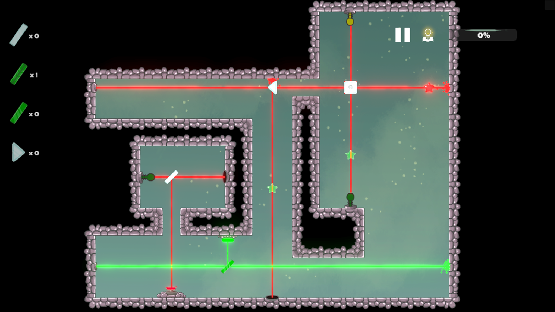 A Prism Quest level with red and green light beams routed through mirrors and walls.
