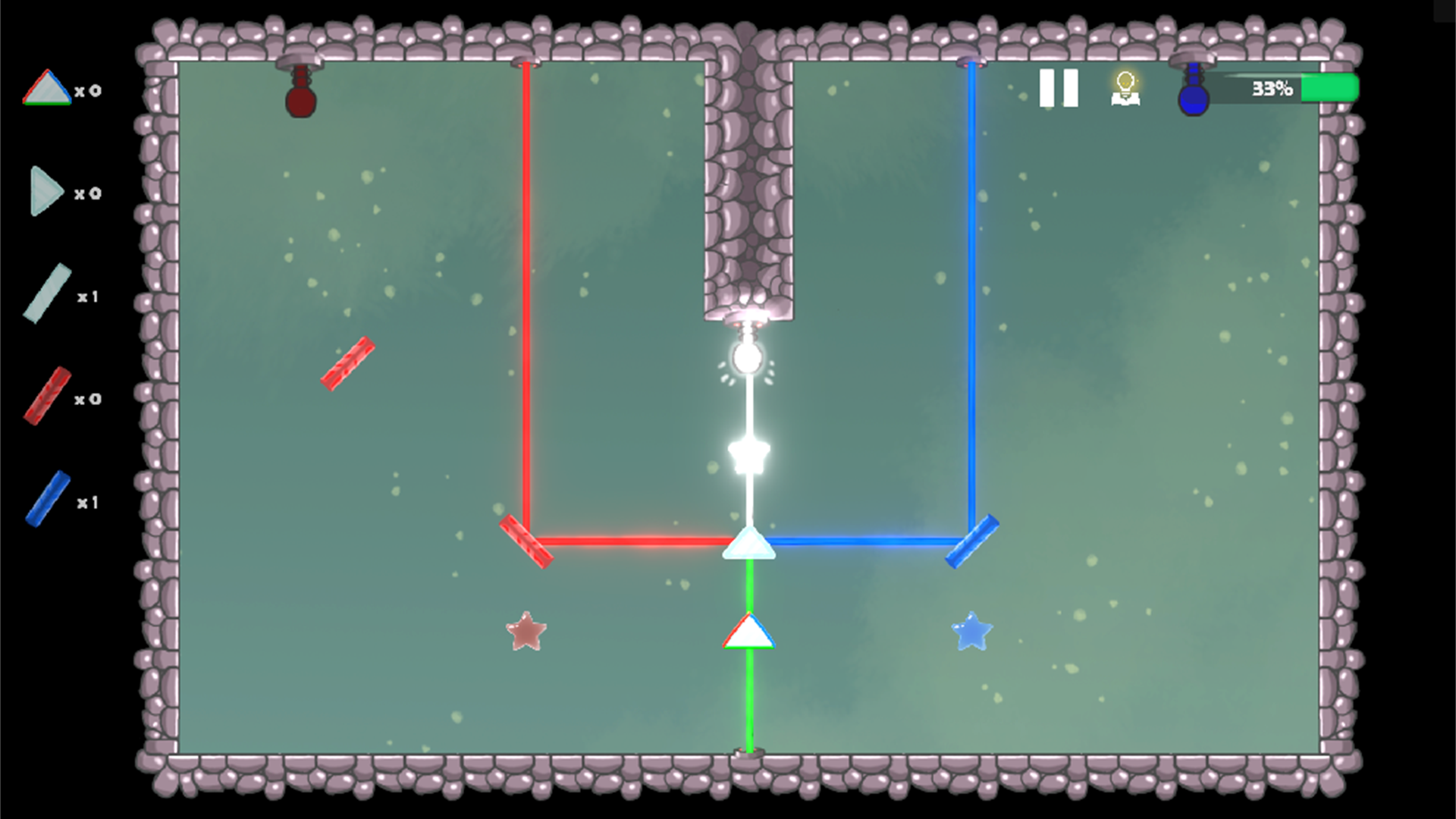 A Prism Quest puzzle with blue and red light beams.