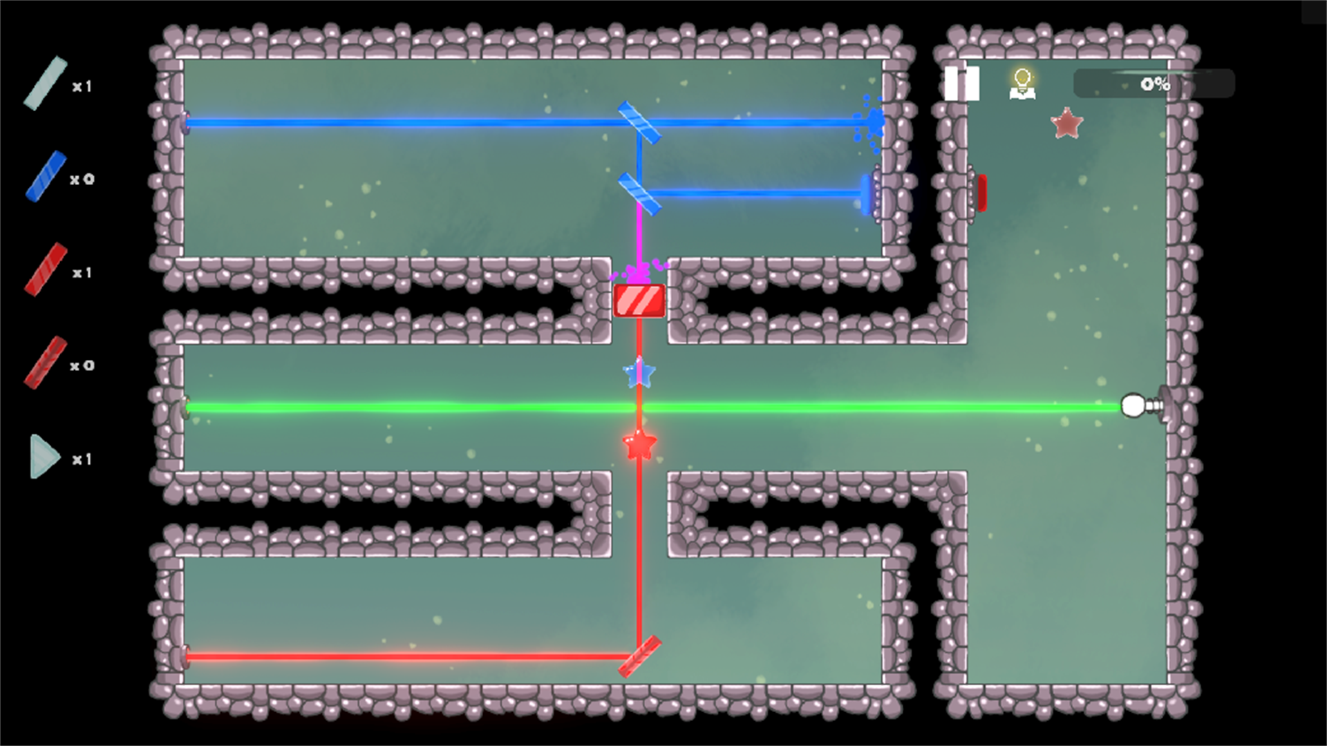 A Prism Quest puzzle showing mirrors, stars, and colored beams.