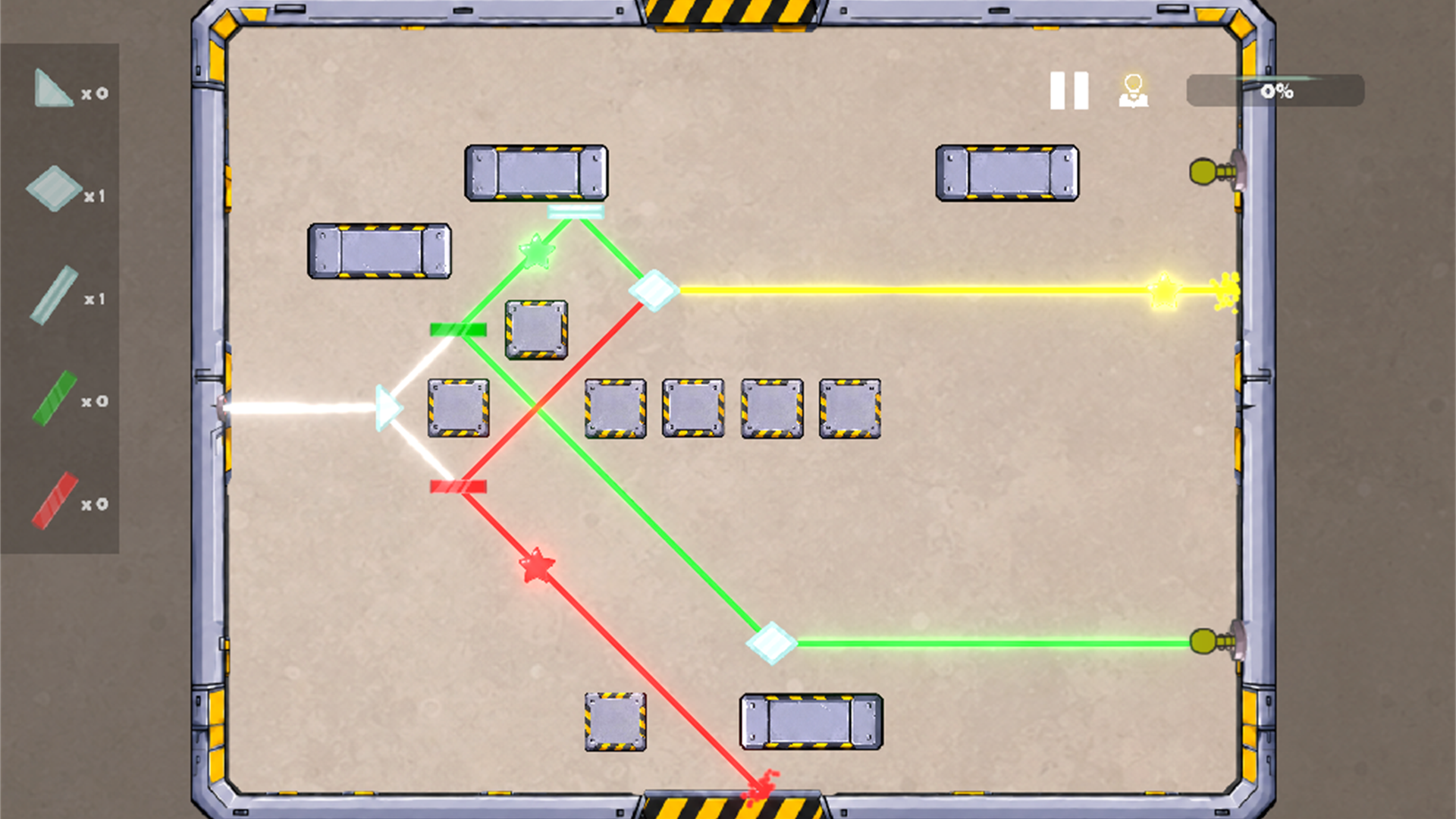 A Prism Quest puzzle board with multiple beam routes.
