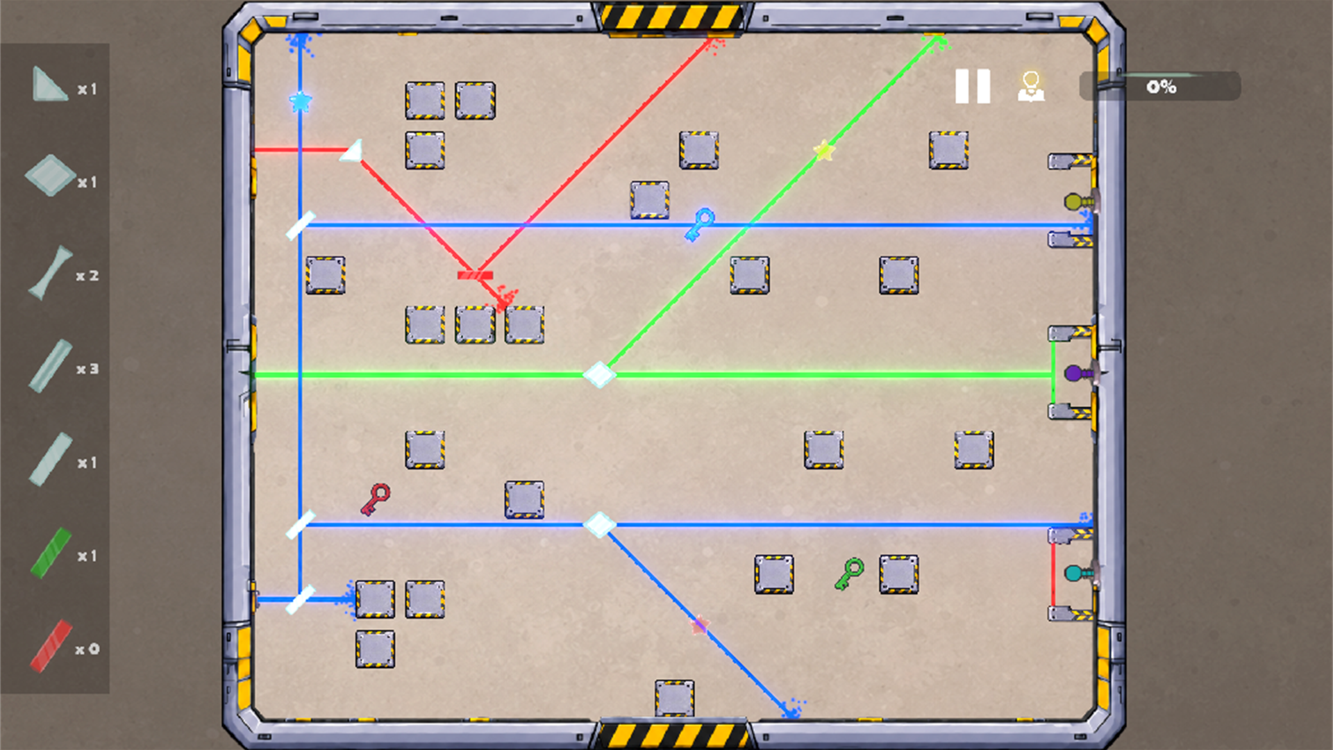 A Prism Quest level with green laser routes and stone walls.