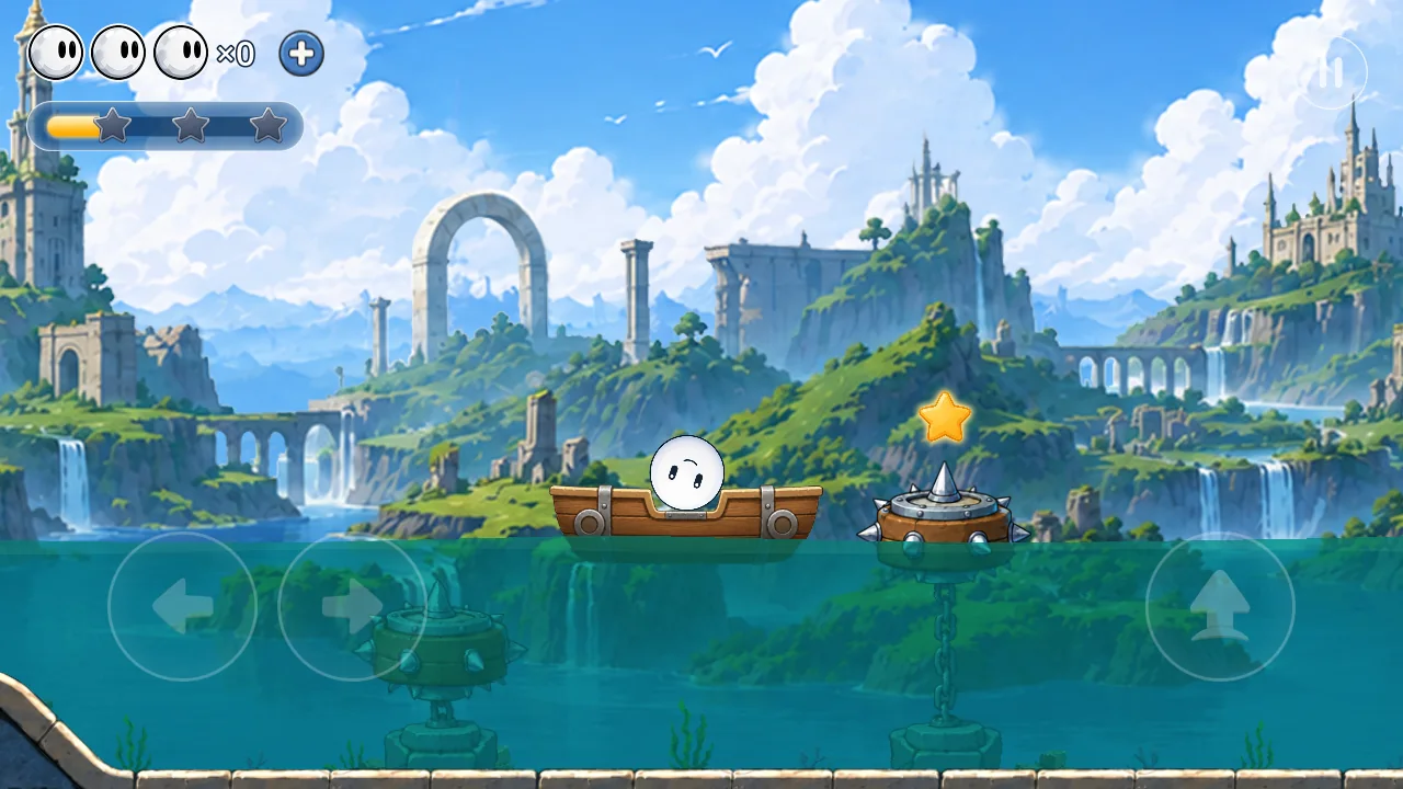 Rolling Ball floating across water between mechanical platforms